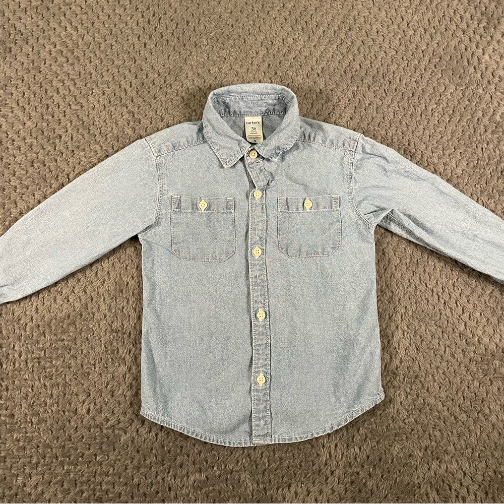 Carter's‎ Toddler Boys Collared Button Up Shirt Size 3T- Chambray Blue - Picture 2 of 5